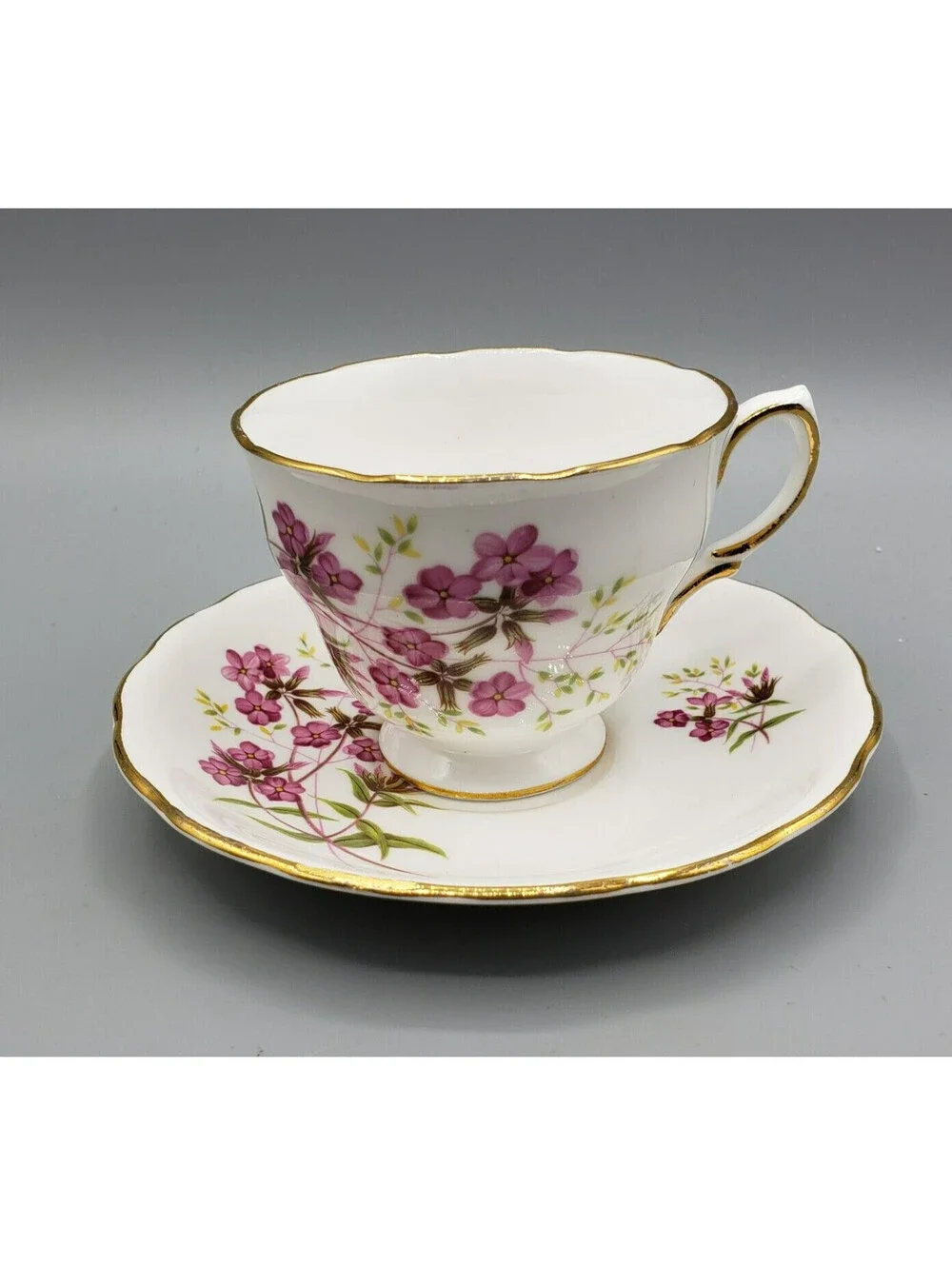 Royal Vale Teacup & Saucer Petite Violet Flowers Fine Bone China England Ridgway